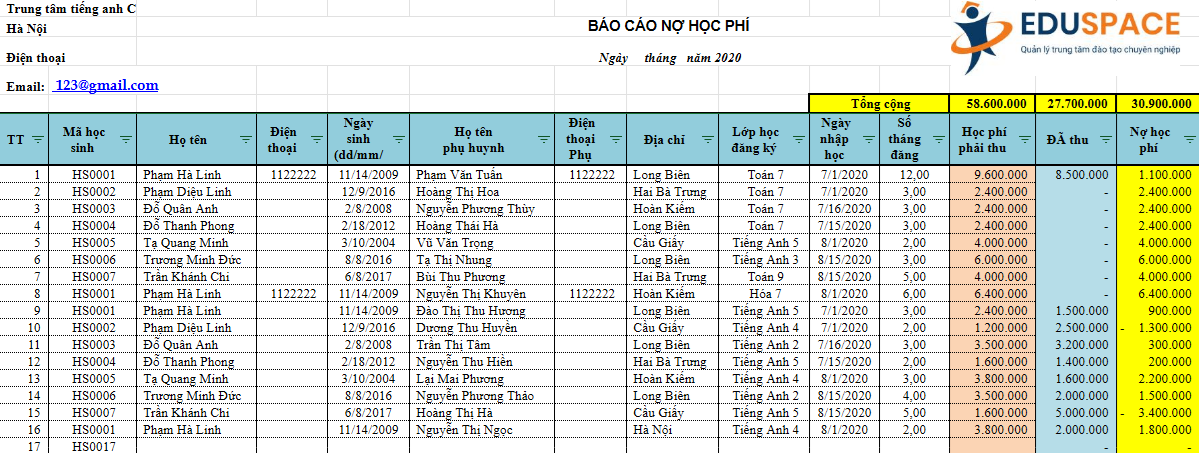 file theo dõi học phí